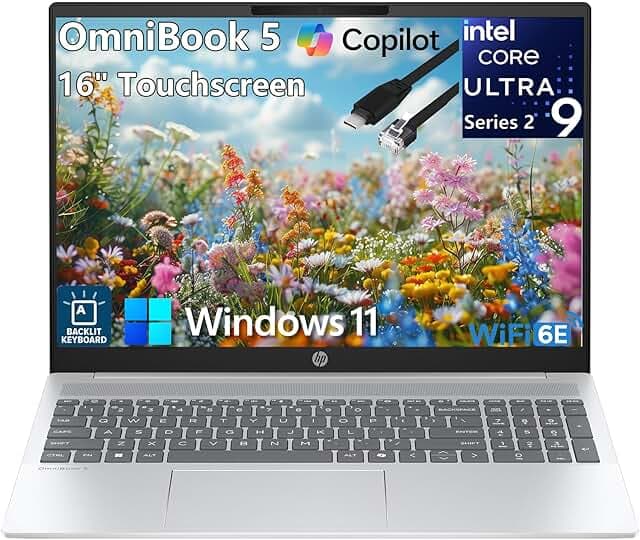 HP OmniBook 5 AI PC Touchscreen Laptop, Intel Ultra 9 285H, 32GB LPDDR5X RAM, 1TB NVMe SSD, 16" IPS, Intel Arc 140T, WiFi 6E, Backlit Keyboard, Windows 11 Home, Copilot+ Ready, Type C RJ45 Cable