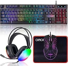 Gaming Keyboard Mouse Mousepad and Headset with mic Combo All in One USB Wired RGB Backlit Rainbow Side Button Gamer Bundle Set Compatible with PC Windows Xbox one PS4 PS5(Black)