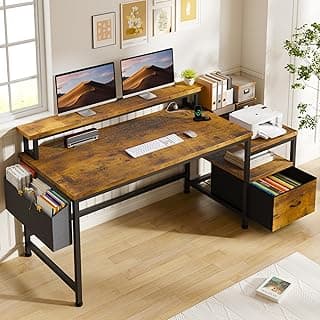 EnHomee 56.5" Office Desk with Drawers and Printer Space,Computer Desk with Power Outlets,Home Office Desks with File Drawers Cabinet,Study and Gaming Desk with Shelves Monitor Stand,Rustic Brown