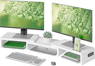 BONTEC Dual Monitor Stand Riser with Smartphone Holder, Adjustable Length & Swivel Angle, Ergonomic Wooden Desktop Organizer for PC Monitor, Laptop, Printer, Large Storage, White