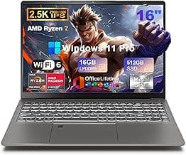 2025 16 Inch 2.5K IPS Gaming Laptop Computer, AMD Ryzen 7 6800H (Up to 4.7GHz), 16GB DDR5 512GB SSD, AMD Radeon 680M, WiFi 6, Type-C, Webcam, Fingerprint, Backlit Keyboard, Windows 11 Pro w/ MS Office