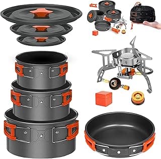 Smokey Camp Camping Cookware Mess Kit Set with Stove - Backpacking Camping Pots and Pans Set, All in One Non-Stick Camping Cooking Set, Portable Stove, Hiking, Picnic, Outdoor & Camping Cookware Set