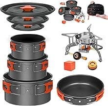 Smokey Camp Camping Cookware Mess Kit Set with Stove - Backpacking Camping Pots and Pans Set, All in One Non-Stick Camping Cooking Set, Portable Stove, Hiking, Picnic, Outdoor & Camping Cookware Set