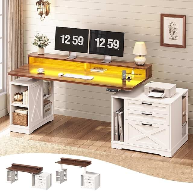 SEDETA Farmhouse Electric Standing Desk, 55" Height Adjustable Computer Desk with 3 Drawers, File Cabinet, Storage Shelves, Power Outlets, Wood Home Office Desk for Work, Study, Writing, White