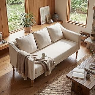 chairus Farmhouse 63" Long Sofa Couch Small Couch with One Piece Complete Cushion Seat Country Rustic Loveseat with Antique Wood Legs for Apartment Bedroom Dorm Small Space, Linen Cream White