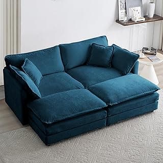 Small Sleeper Sofa, 76.7" Loveseat Sofa Couches Deep Couches with Ottomans, Chenille Upholstered Comfy Modular Sectional Sofa Couch for Small Space Living Room Apartment Office(Blue)