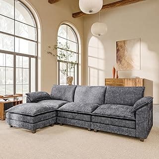 118.9" Modular Sectional Cloud Couch 3-Seat Sofa Set with Movable Ottoman, L Shaped Sofa Couch with Deep Seat, Chenille Couches for Living Room (Light Grey-4, L Shaped Sofa)