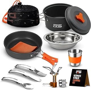 Smokey Camp Camping Cookware Mess Kit Set with Stove - Backpacking Camping Pots and Pans Set, All in One Non-Stick Camping Cooking Set, Portable Stove, Hiking, Picnic, Outdoor & Camping Cookware Set