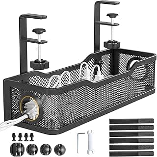 Under Desk Cable Management Tray Black, Cinati Wire Organizers No Drill, Cable Tray with Clamp for Wire Management, Cord Organization Box for Office, Home - No Damage to Desk