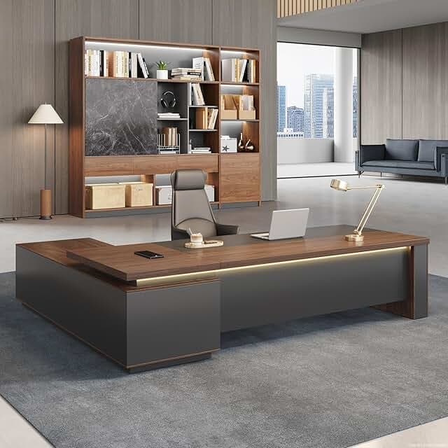 71" Reversible L-Shaped Executive Desk with Power Outlet, USB Ports, LED Lighting, Lockable Drawer & Storage Cabinet, Walnut