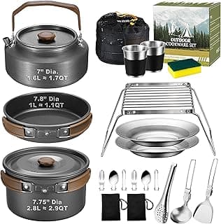 18Pcs Camping Cookware Mess Kit, Joyfair 7.8” Nonstick Camp Cooking Utensil Set (Pot, Pan, Kettle, Grill Grate), Outdoor Backpacking Gear Open Fire Essentials Accessories, Compact/Portable/Lightweight