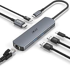 acer 6 in 1 USB C Hub, 4K@60Hz USBC to HDMI Adapter with 1000Mbps Ethernet, 100W PD Charging, USB A/USB C Data Ports USB C Splitter for MacBook Neo/Pro/Air, Acer, iPad, iPhone 17/16/15