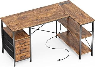 Huuger L Shaped Office Desk with Power Outlets, 47 Inch Computer Desk with 3 Drawers, Shelves, for Gaming, Corner Work, Home Office, Study, Rustic Brown