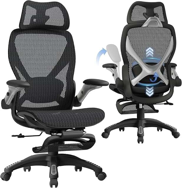 ELABEST X100 Ergonomic Mesh Office Chair with Footrest, Big and Tall Hone Desk Chair with 5D Flip-Up Arms, Adjustable 3D Lumbar Support,Gaming & Executive Computer Chairs