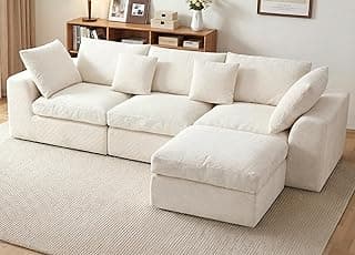 Benazcap 110" Cloud Sectional Couches for Living Room, L-Shaped Convertible Sofa, 3-Seat Modular Boneless Couch with Movable Ottoman, Beige