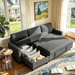 Vongrasig Sleeper Sofa with Storage for Small Space, Convertible Small Pull Out Couch with Storage Chaise, L Shaped Sectional Sofa Bed for Apartment, Guest Room, Dark Grey Corduroy