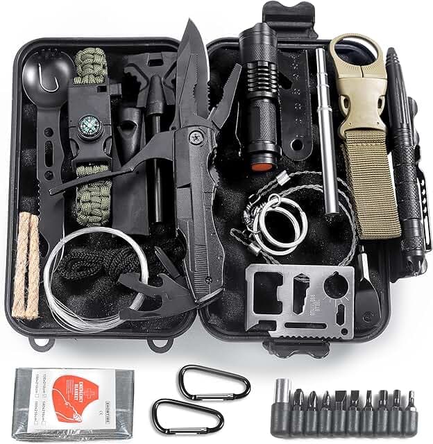 14-in-1 Multi-Purpose Emergency Survival Kit - Multitool Plier, Flint, Multi-Purpose Card, Emergency Blanket, Flashlight for Camping, Fishing, Hunting