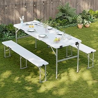 Picnic Table Set with 2 Benches,6 Feet Folding Camping Table Chair Set with Wood Grain Tabletop,3-Piece Outdoor Indoor Portable Folding Furniture for Party, Camping, Picnic, Weddings (White)